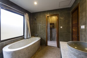 Combined shower/bathtub, free toiletries, hair dryer, bathrobes