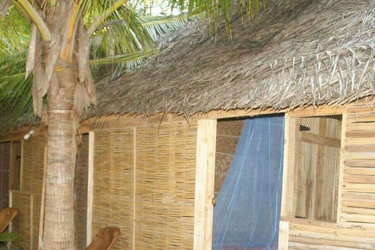 Una cabaña con techo de paja y distribución sencilla, que incluye una cama, una silla y una mesita.