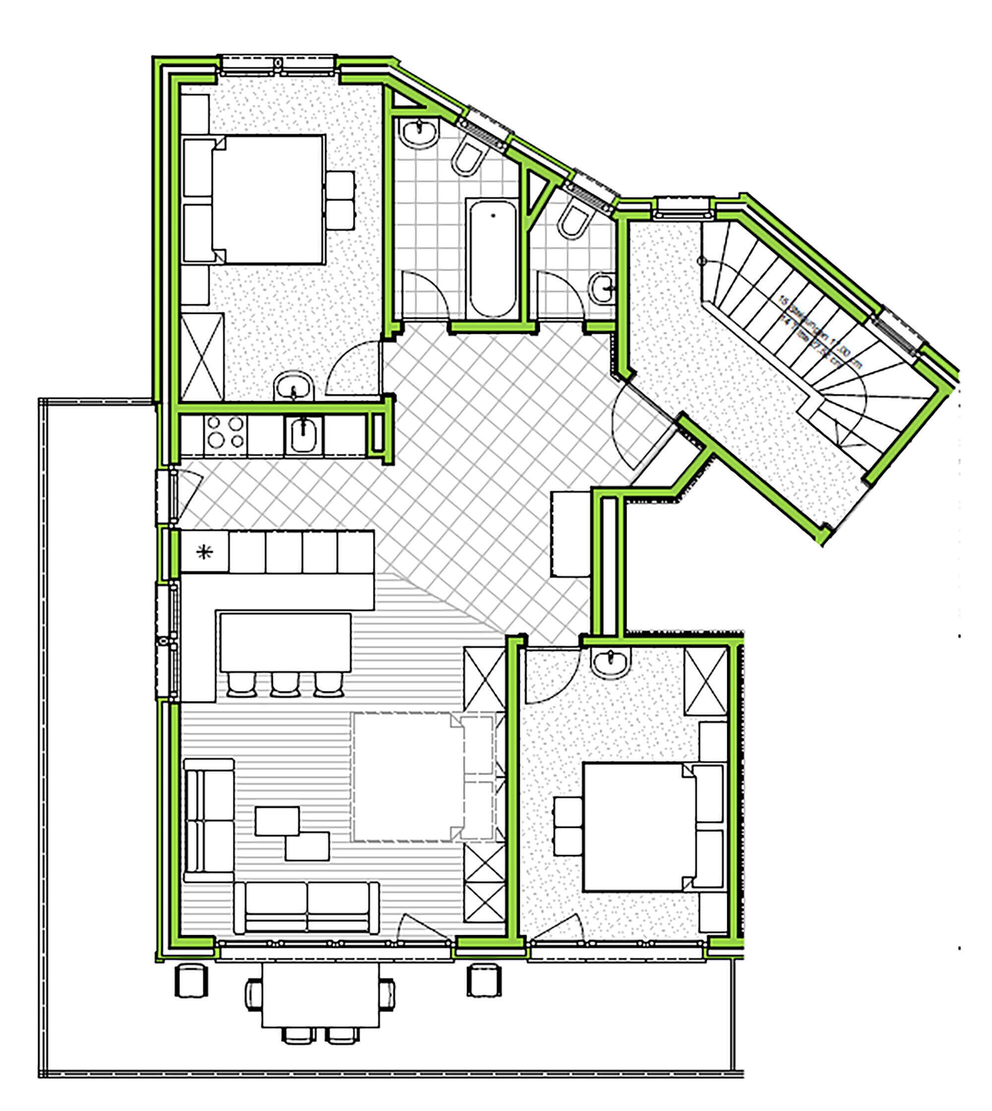 Un plan d’étage comprenant un salon, une cuisine, deux chambres, une salle de bain et un escalier.