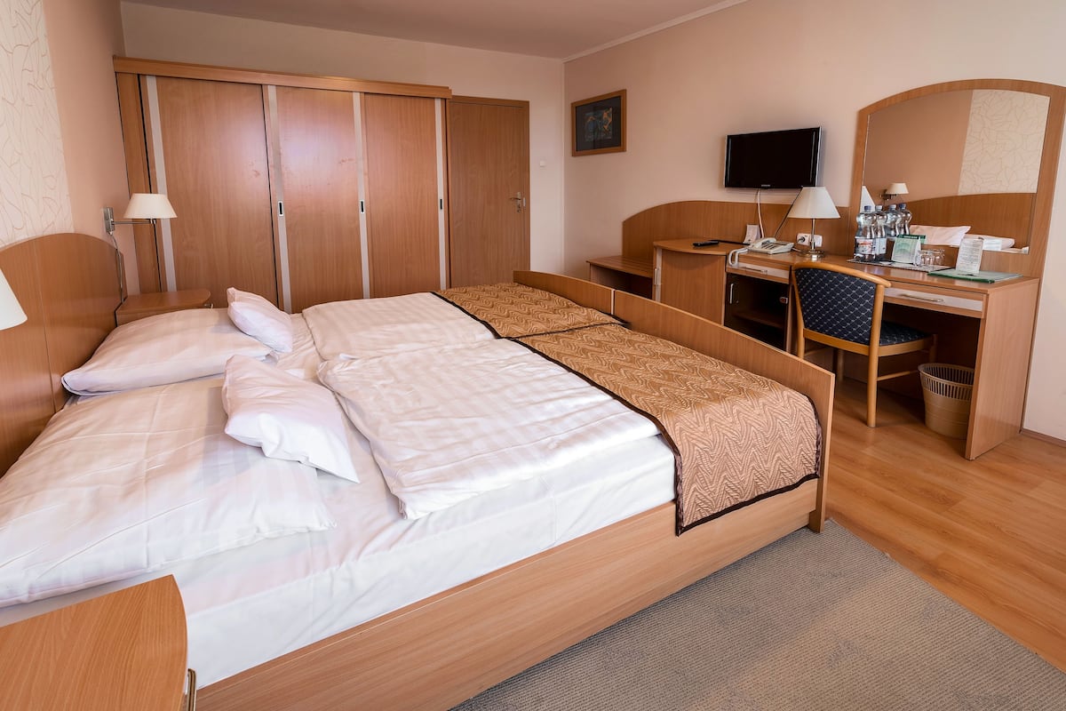 A hotel room with a large bed, a desk with a chair, a TV, and a wardrobe.