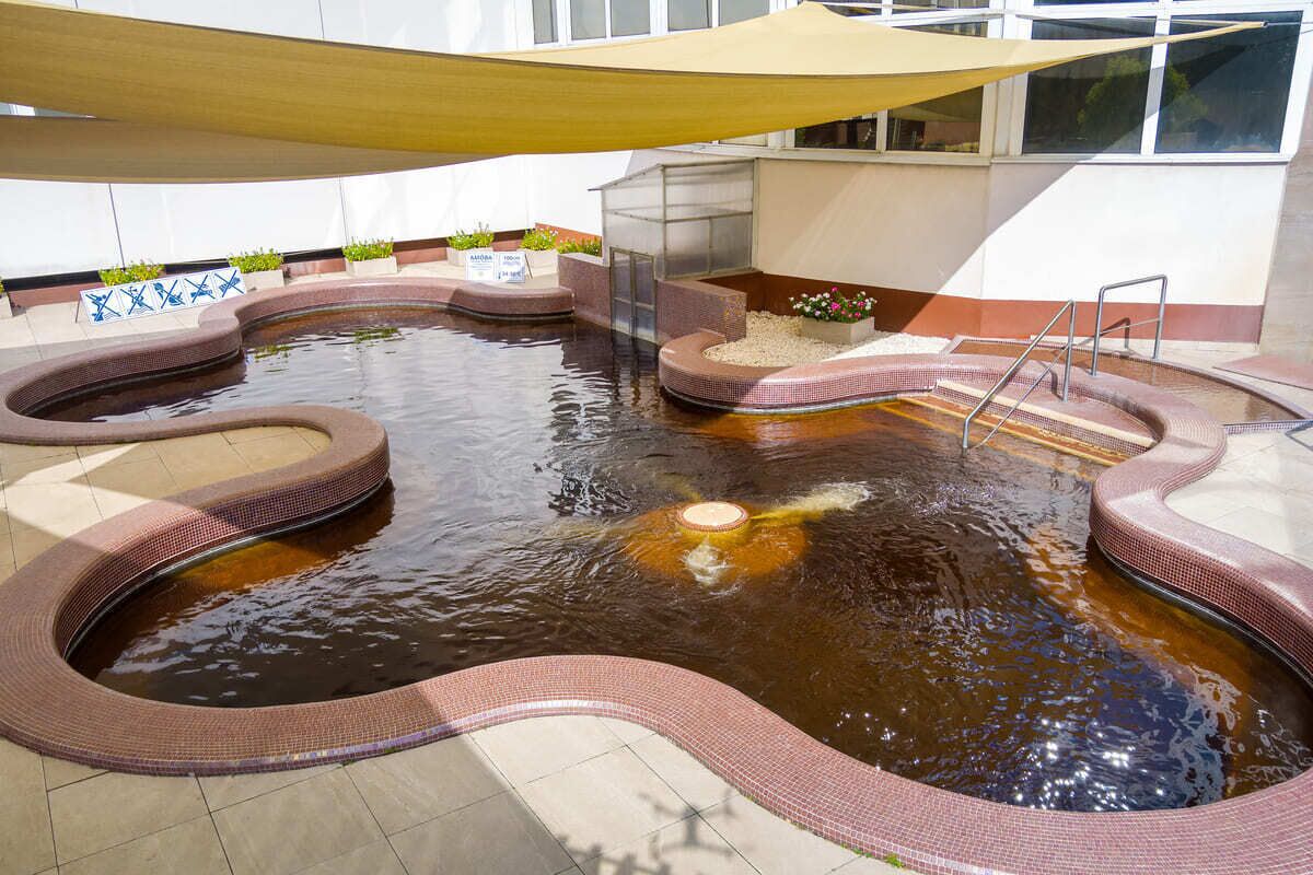 Una piscina interior de diseño curvo, rodeada de senderos con mosaicos y una zona con sombra.