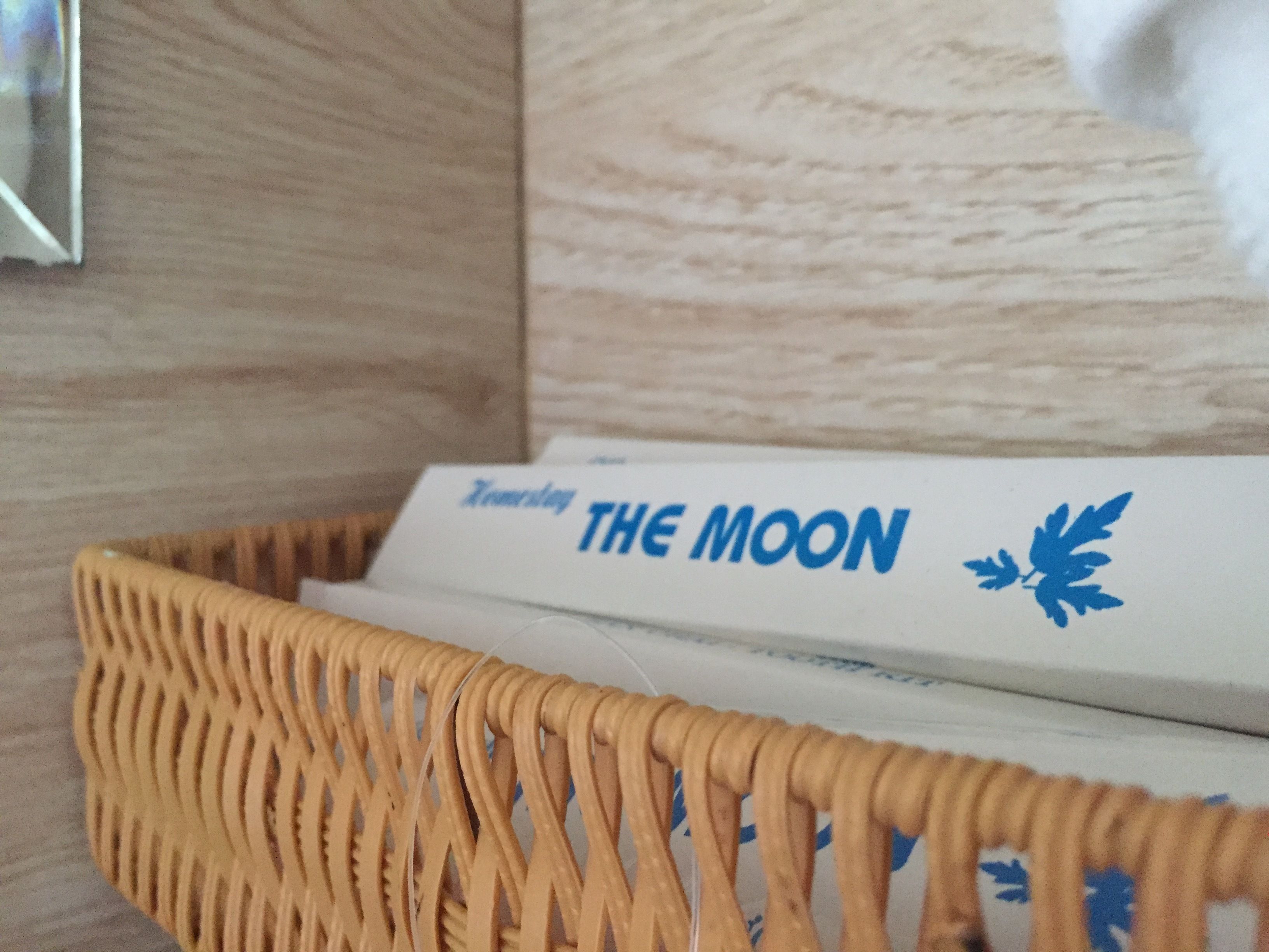 Una cesta de mimbre que contiene una caja blanca con el texto “THE MOON” y un diseño de hoja azul.