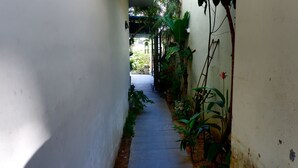 A narrow, paved pathway flanked by white walls and lush greenery, leading to a shaded area with a view of a garden. - Hoi An Cottage Villa (Da Nang)