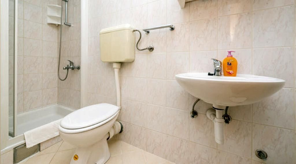 Un baño con inodoro, lavabo y ducha.
