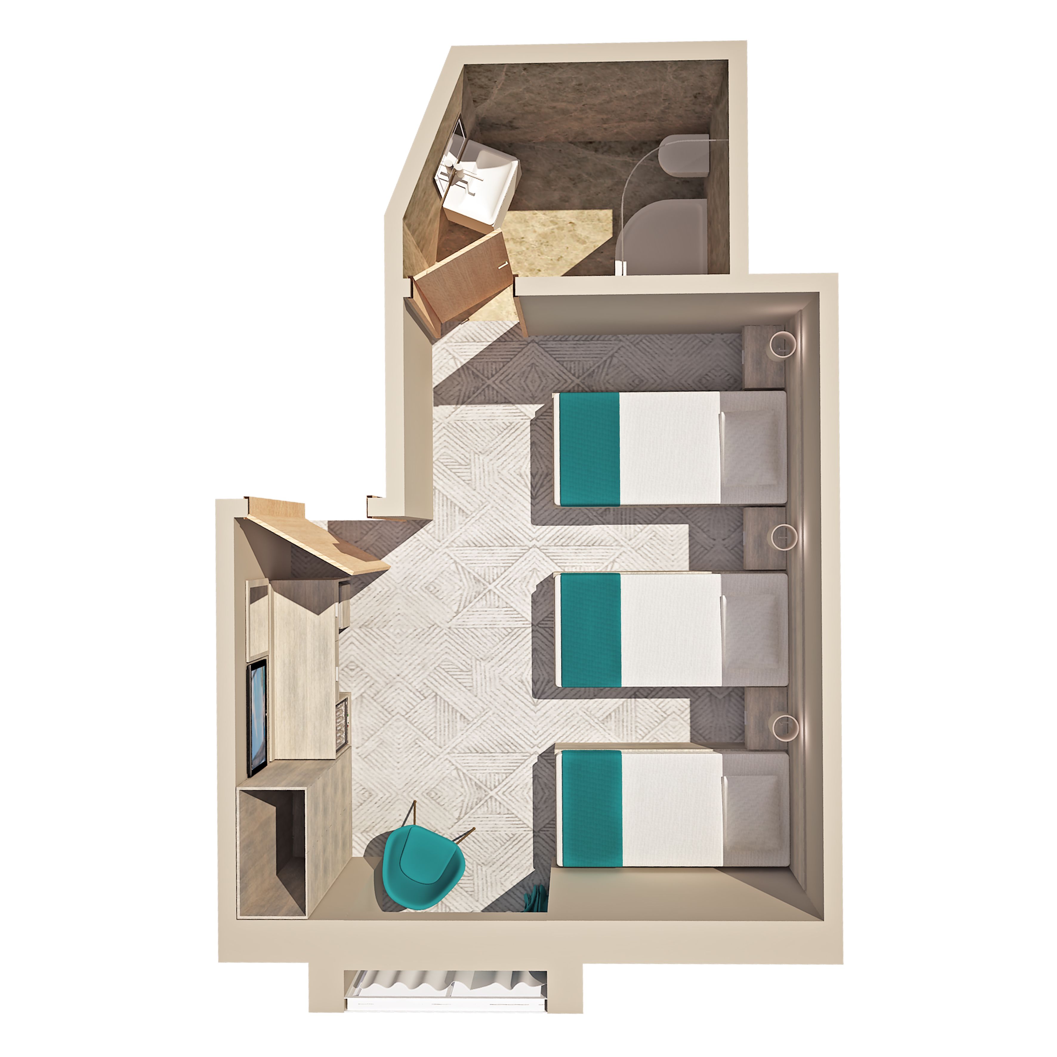 Un plan d’aménagement d’une chambre d’hôtel comprenant un lit, un bureau, une chaise, une armoire et une salle de bain.