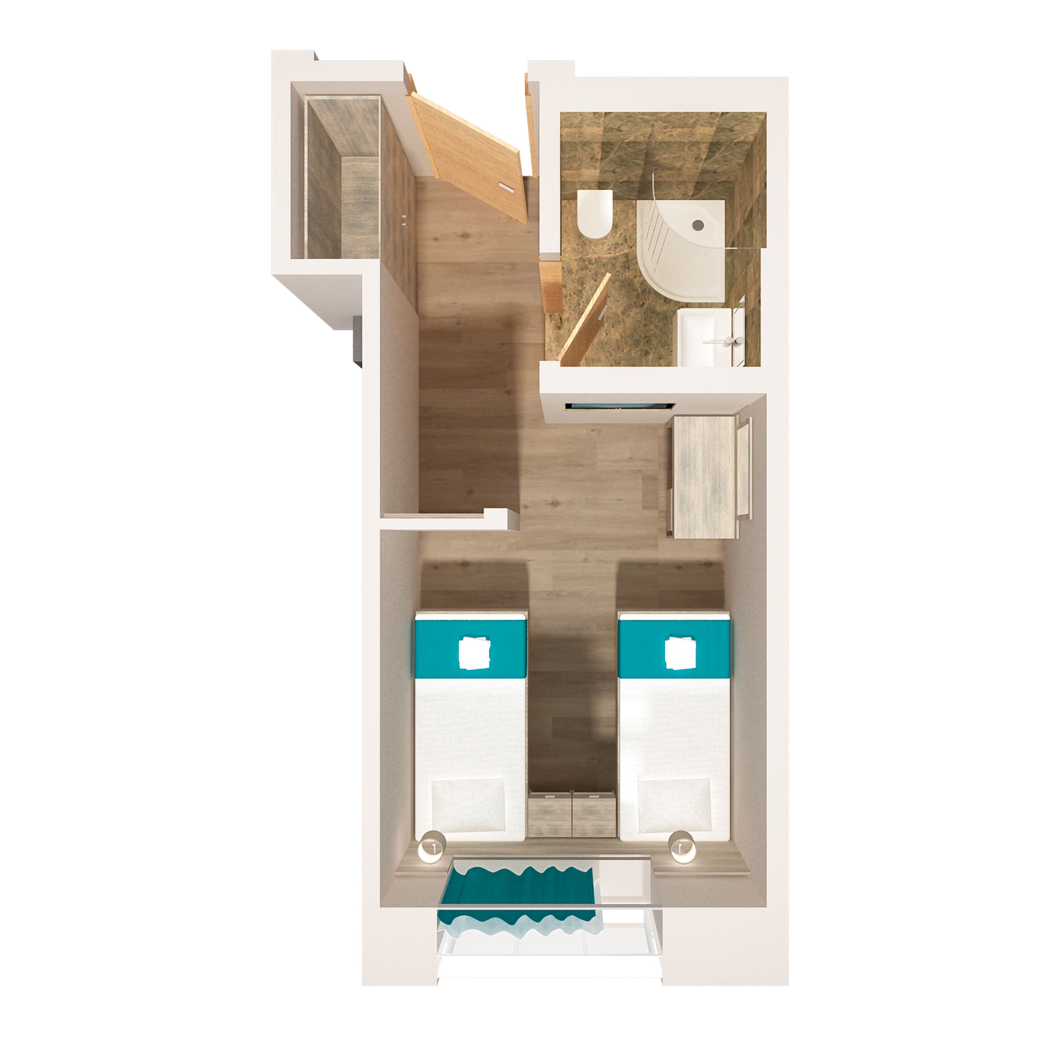 A 2-bedroom apartment layout with a kitchen, bathroom, and a small living area.