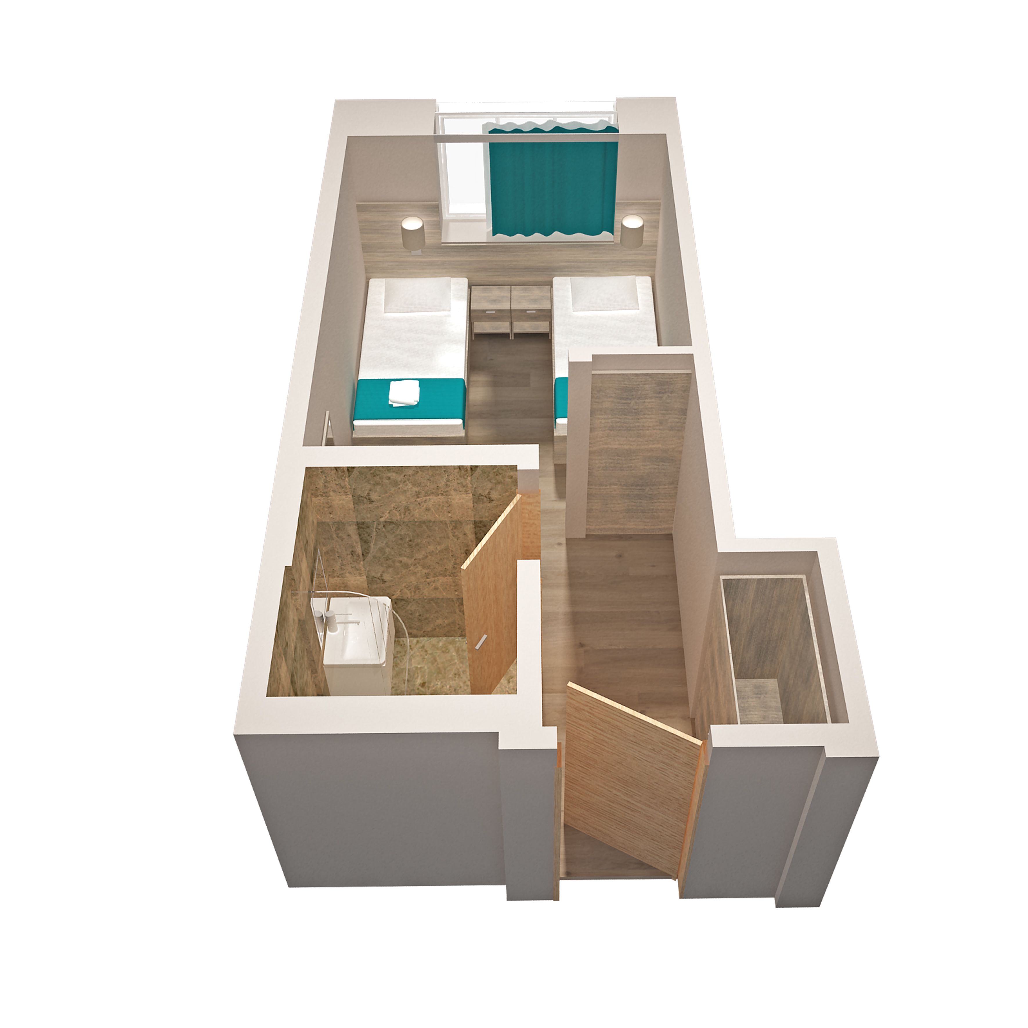 Un plan 3D d’une chambre d’hôtel comprenant un lit, un petit coin salon, une salle de bain et une kitchenette.