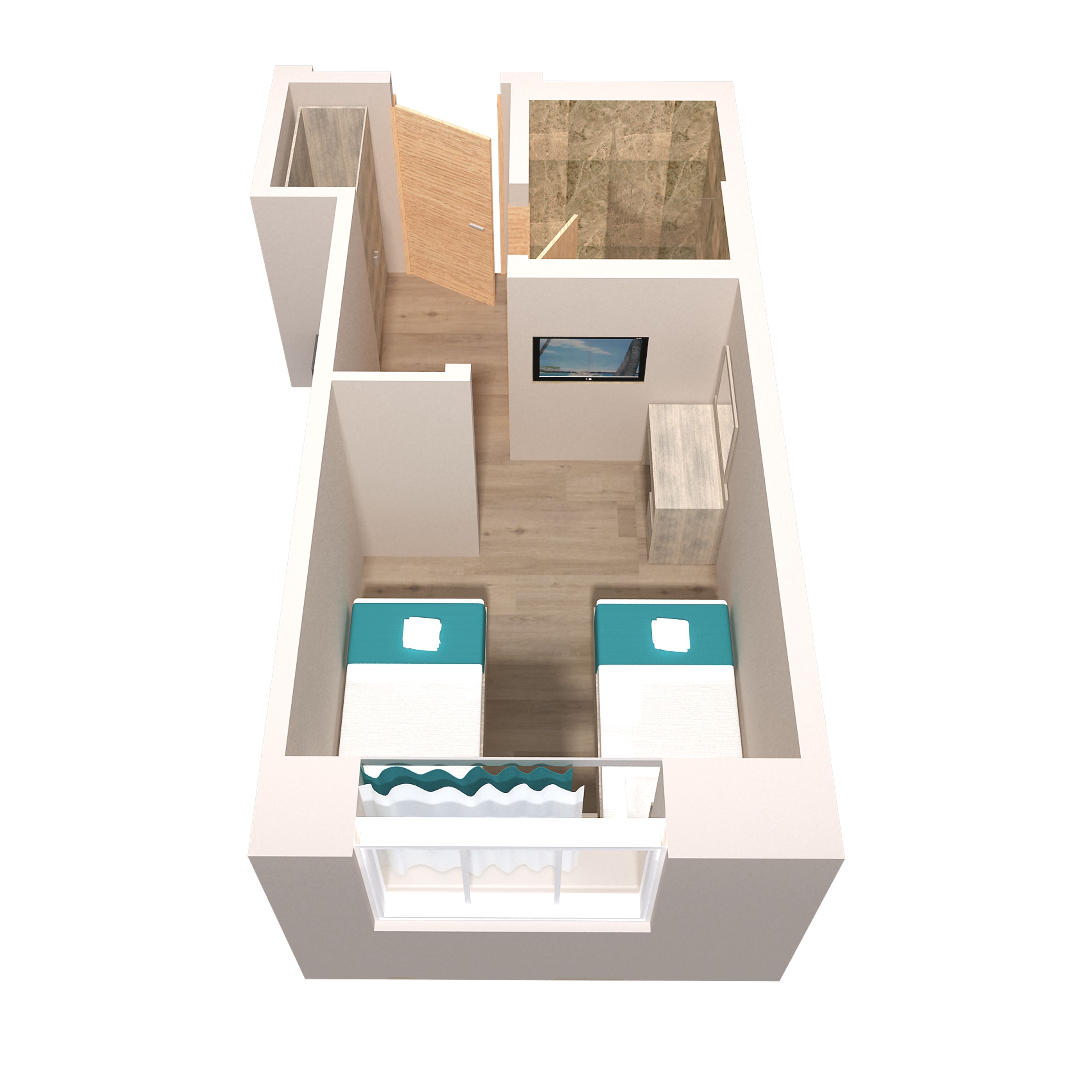 Disposizione di un appartamento con due camere da letto, zona giorno, cucina e un piccolo balcone.