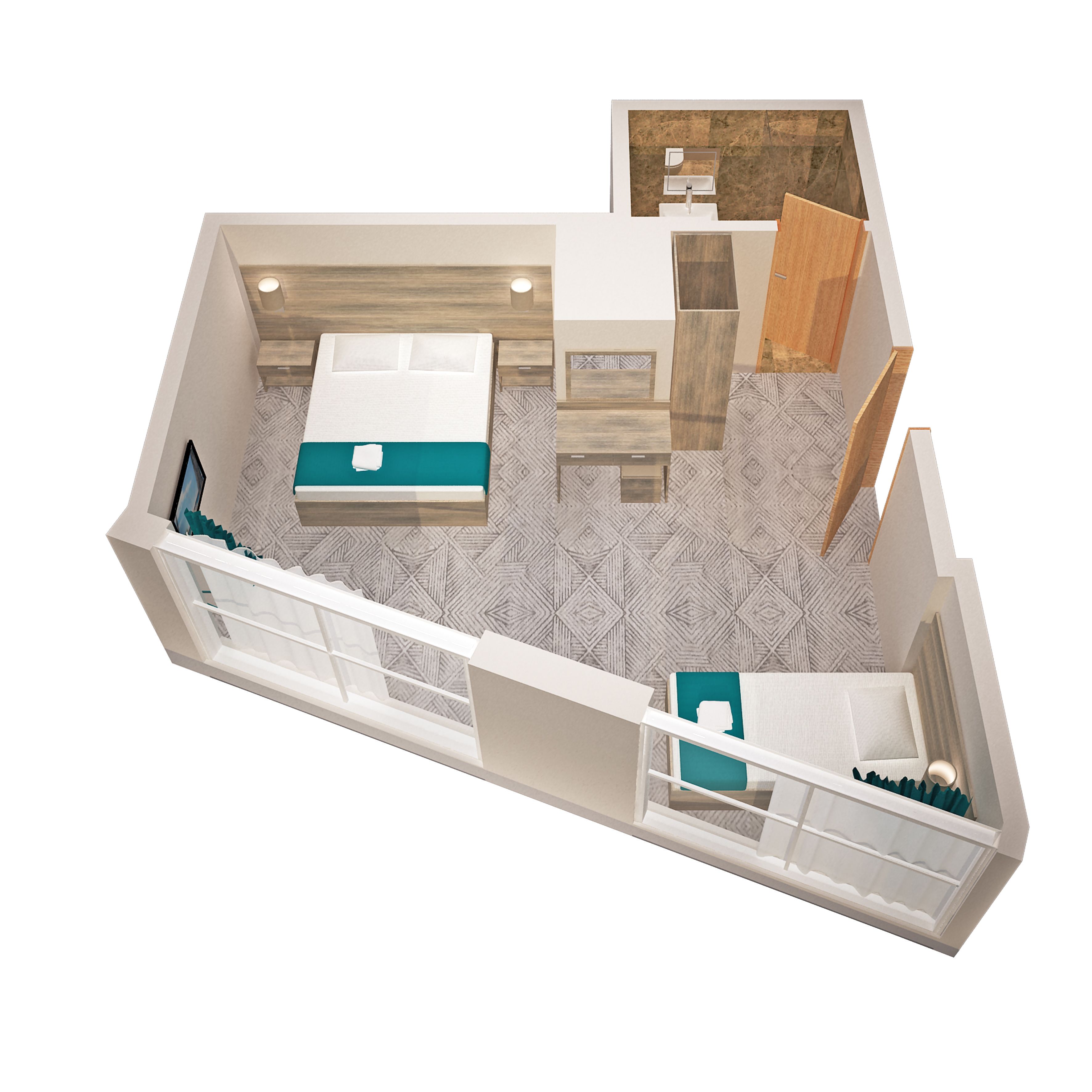 Ein 3D-Modell eines Hotelzimmers mit Bett, einer kleinen Sitzecke, einem Badezimmer und einer Küchenzeile.