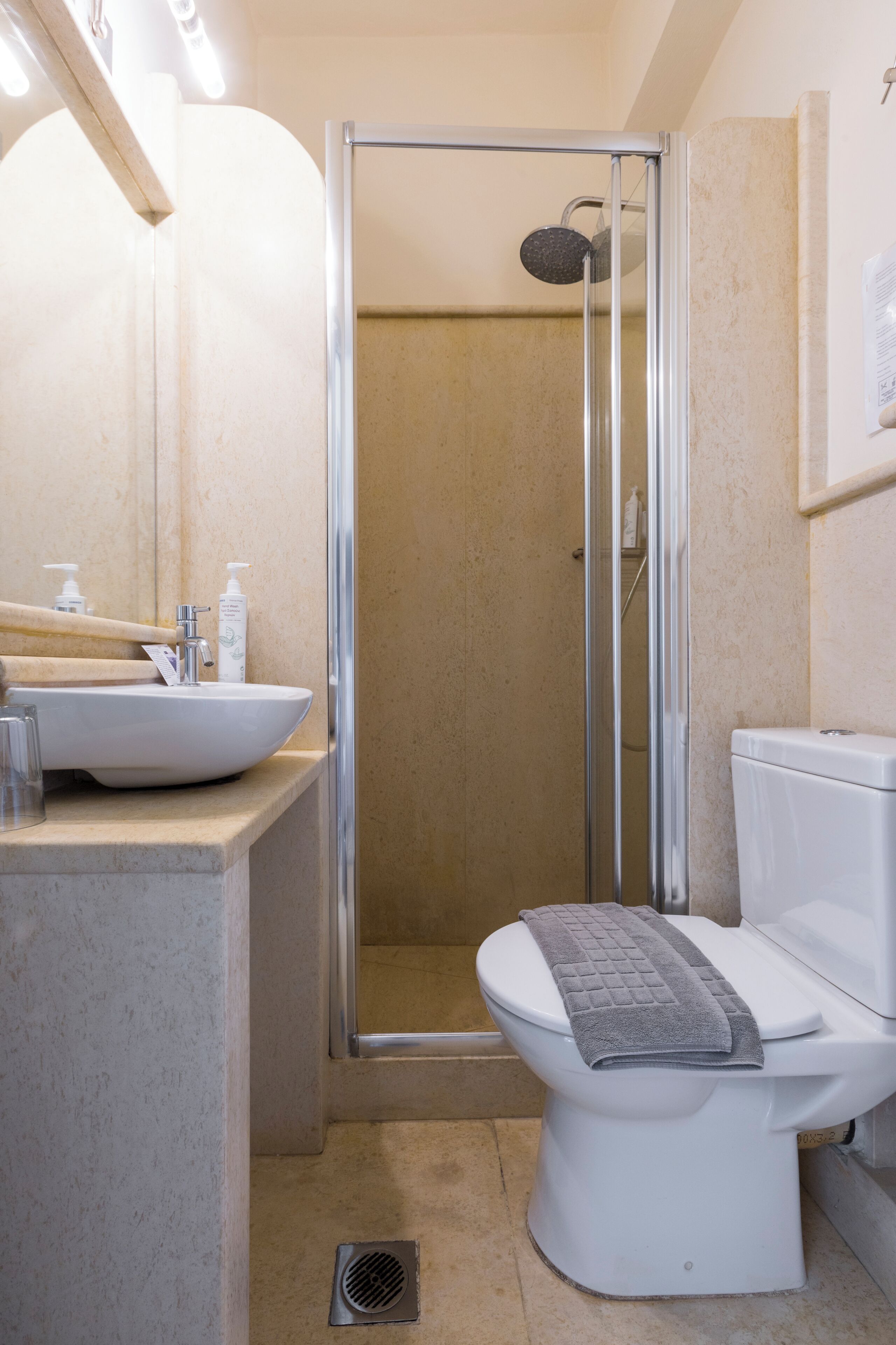 A bathroom with a glass-enclosed shower, a toilet, and a sink with a mirror above it.