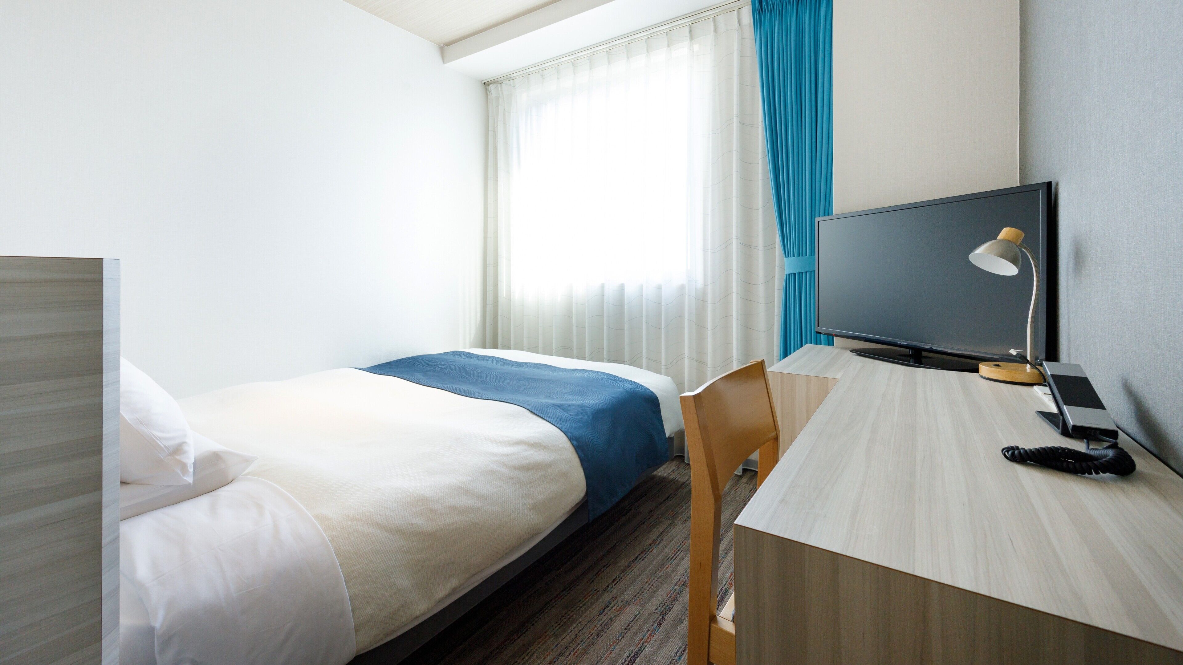 A hotel room with a bed, a desk, a television, and a telephone.