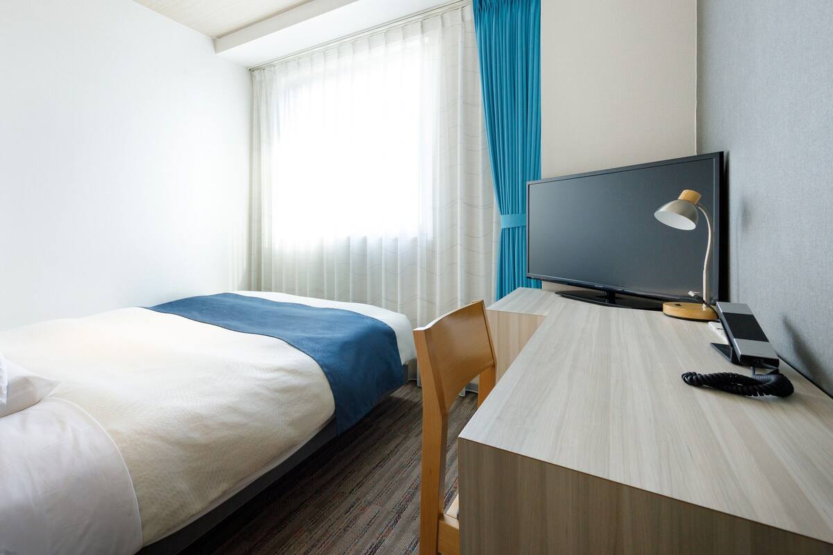 A hotel room with a bed, a desk, a television, and a telephone.