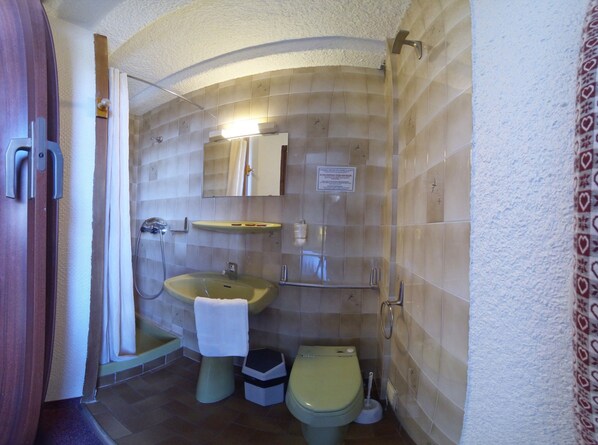 Un baño pequeño con lavamanos, inodoro y ducha.