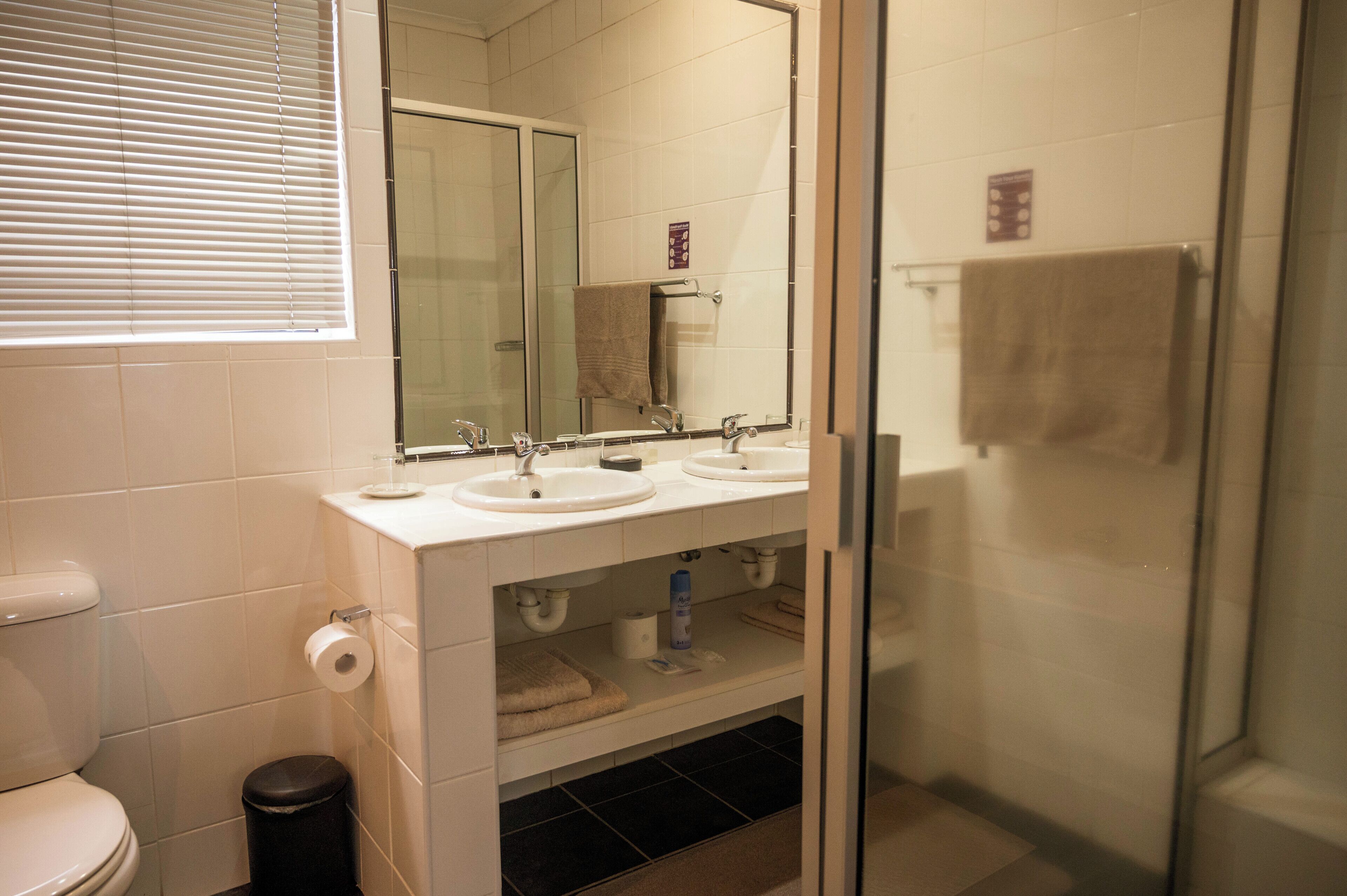 Een badkamer met twee wastafels, een toilet en een douchecabine met glazen wanden.