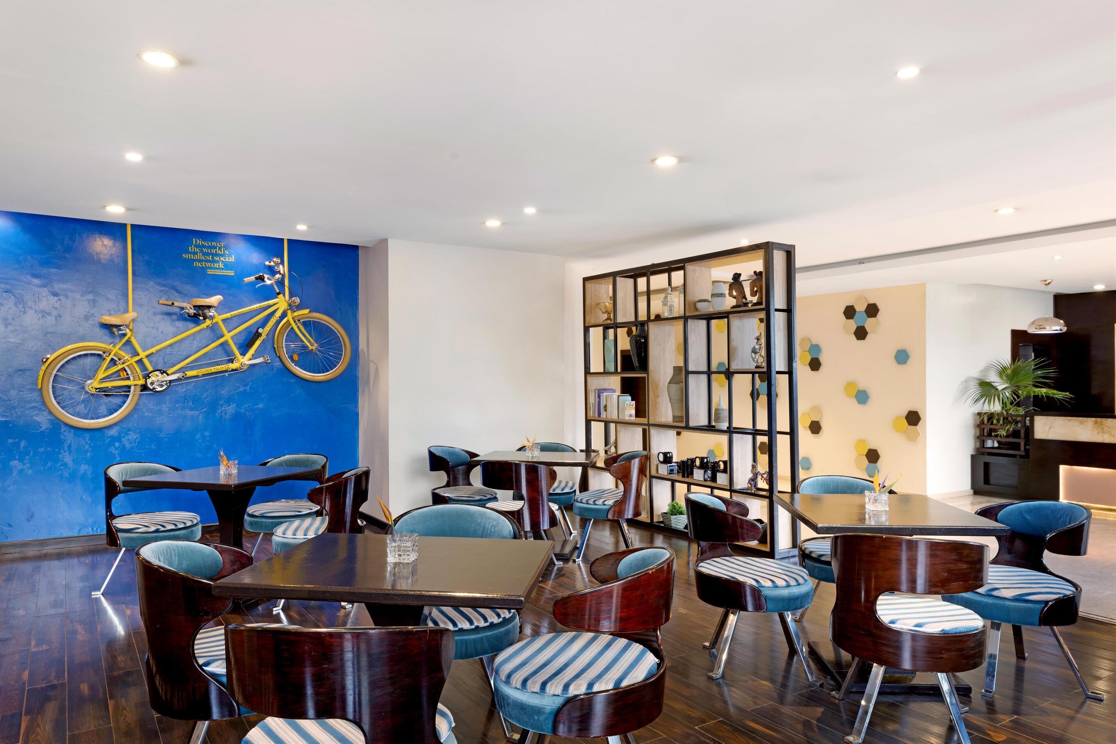 A dining area with a large table, chairs, and a blue wall with a bicycle.