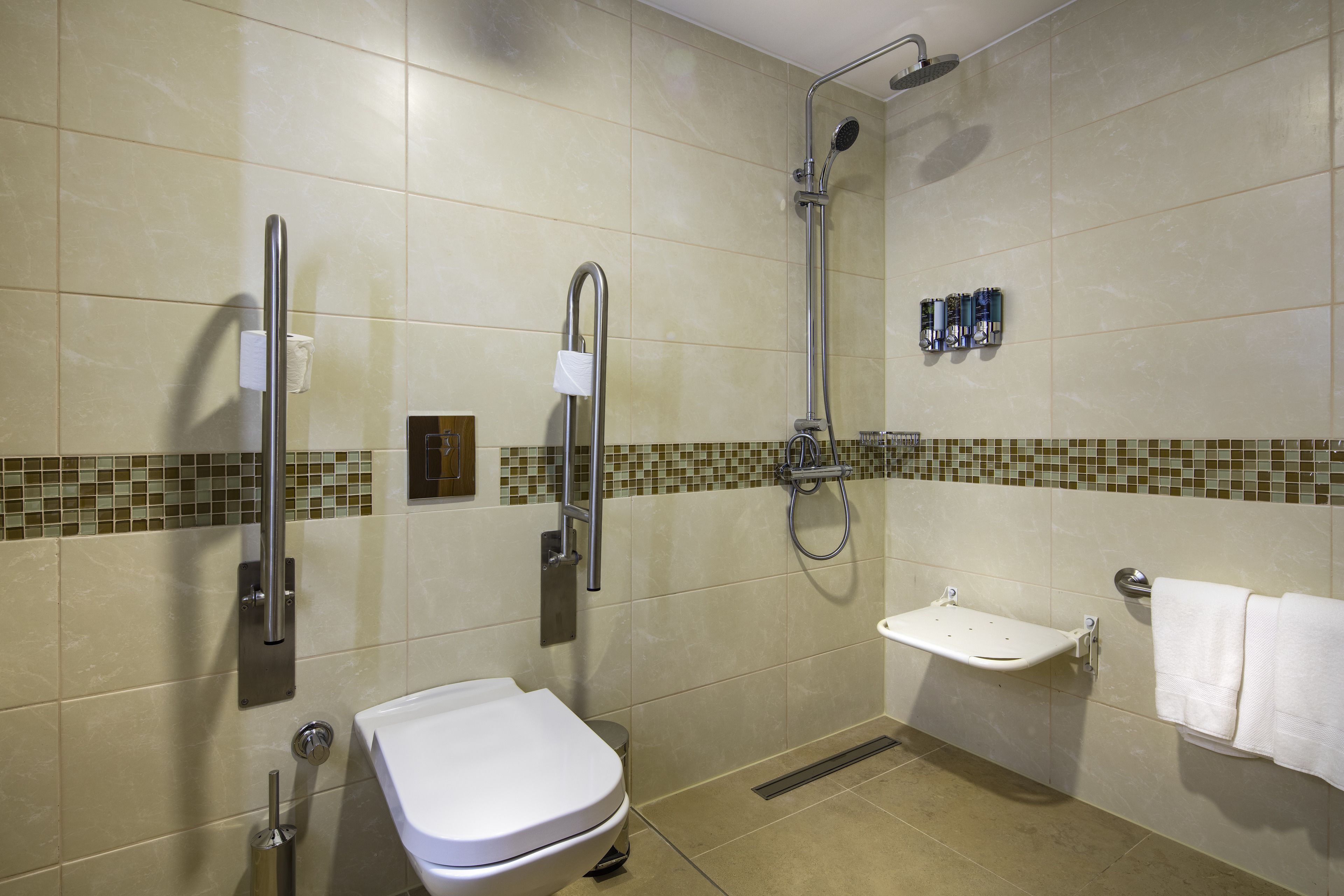 room, 1 queen bed, accessible, non smoking (roll-in shower) | bathroom | shower, free toiletries, slippers, towels