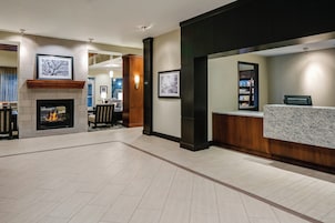 Un hall de hotel con chimenea, obras de arte enmarcadas, mostrador de recepción y zona de estar.