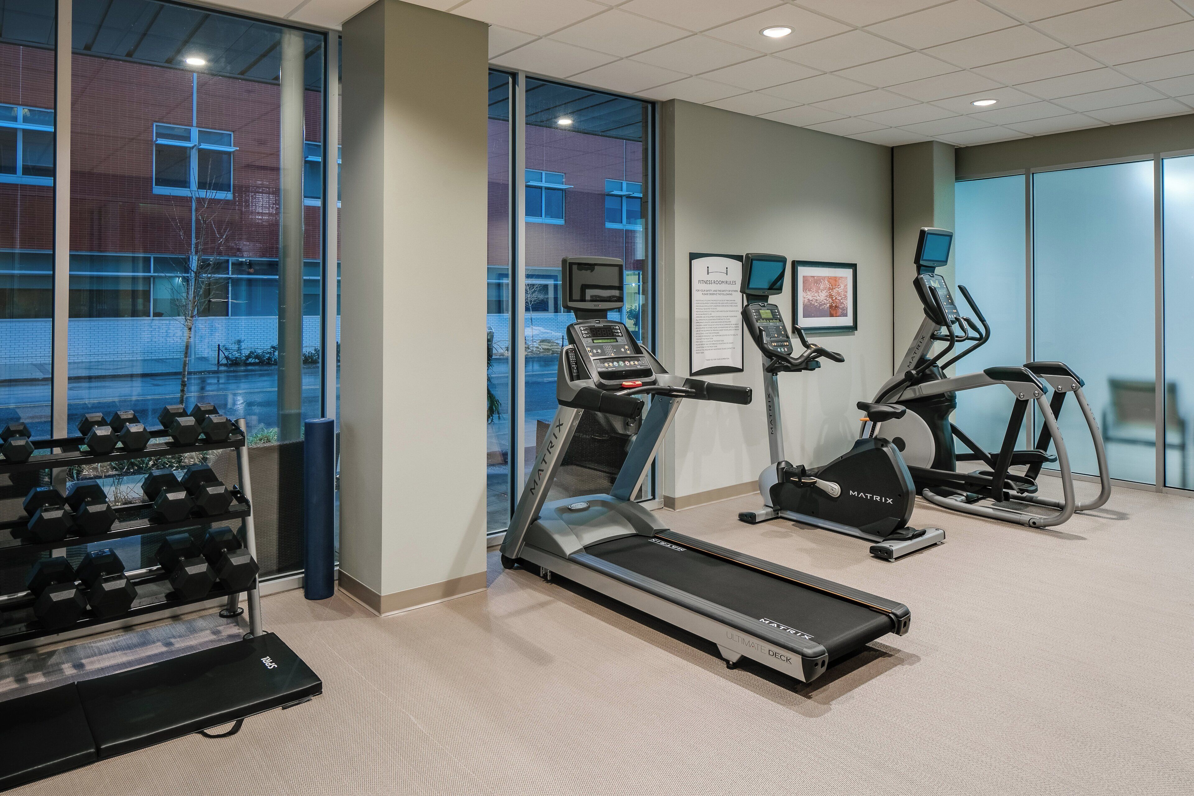 A fitness room with treadmills, elliptical machines, and dumbbells.