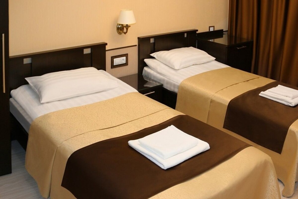 A hotel room with two single beds, each with a brown bedspread and white pillows. There is a nightstand with a lamp between the beds.