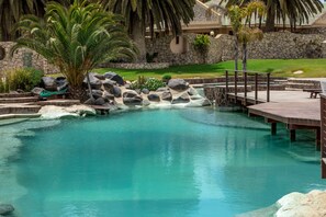 Una piscina con una cascada, rodeada de rocas y palmeras.