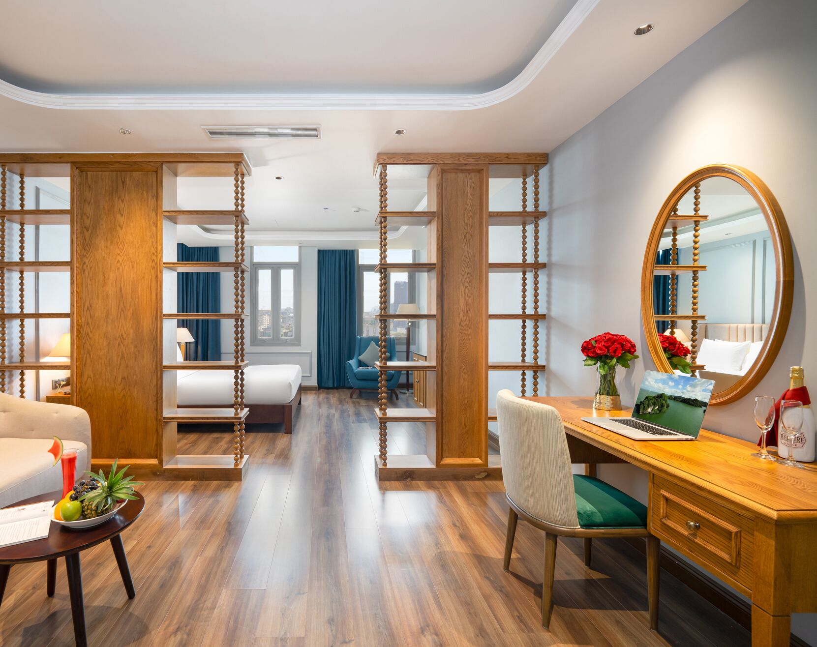 junior deluxe room | in-room safe, desk, laptop workspace, blackout curtains