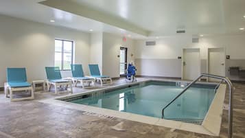 Indoor pool, open 6:00 AM to 10:00 PM, pool loungers