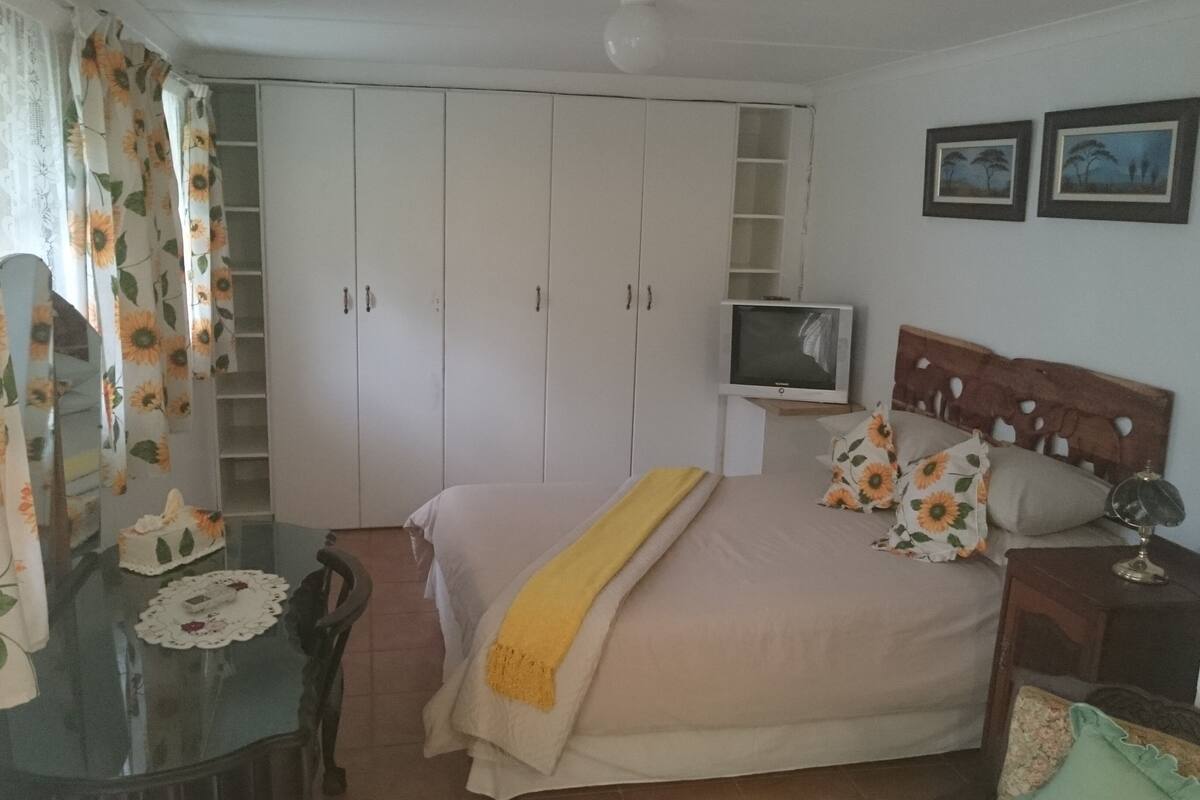 A bedroom with a bed, a TV, a wardrobe, and a desk.