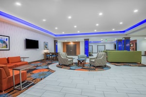 Vestíbulo de hotel con mostrador de recepción, zona de estar con sofás y sillones, y alfombra estampada.