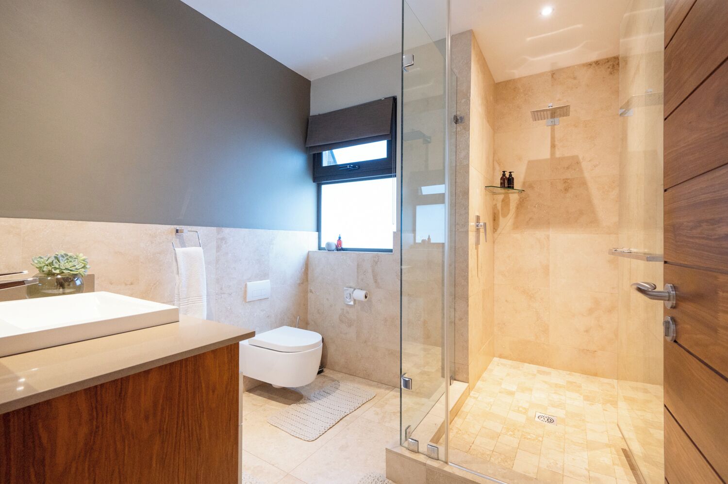 Une salle de bain moderne avec une douche à parois de verre, un meuble-lavabo en bois et des toilettes.