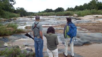 Three people standing on rocky terrain near a flowing river, surrounded by greenery.