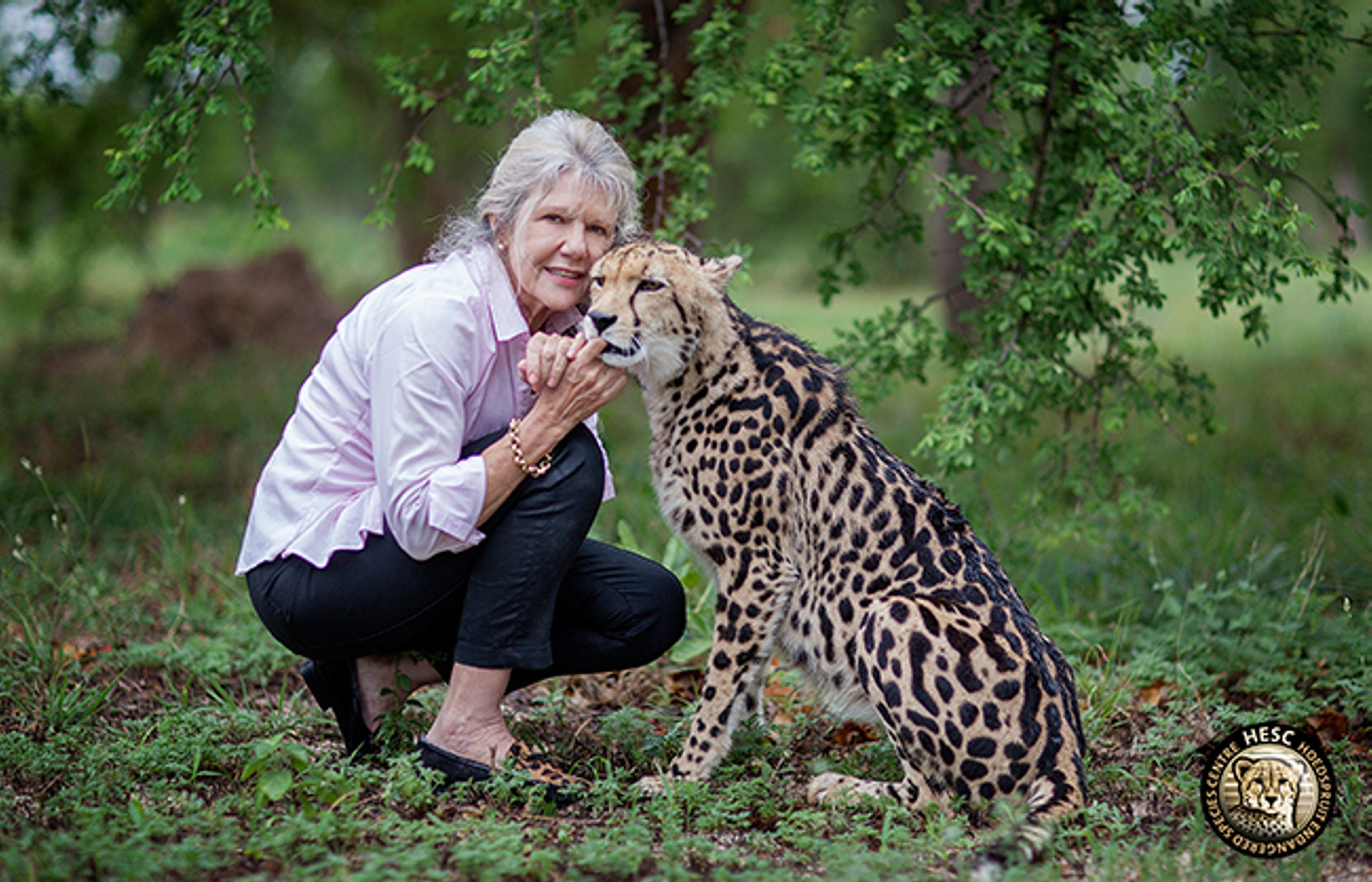 A person crouching beside a cheetah in a natural setting.