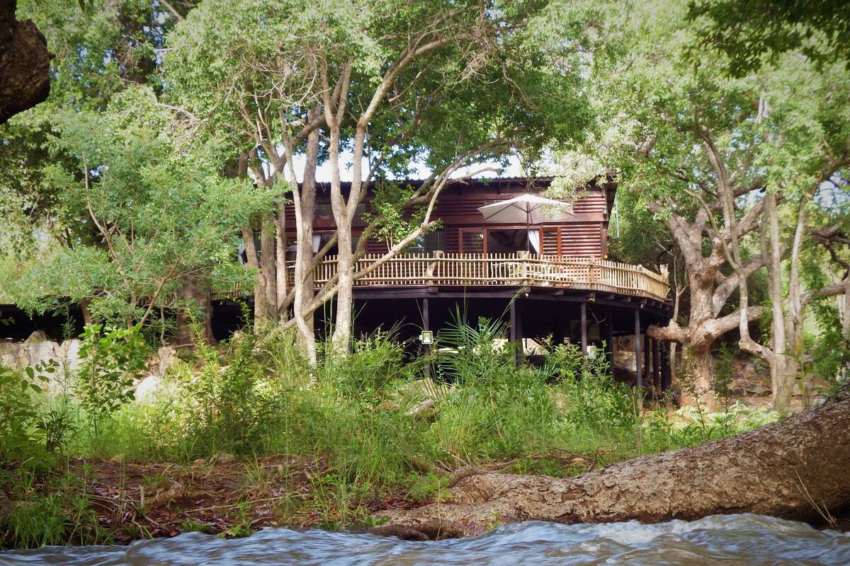 Een houten vakantiehuis met terras, omringd door bomen en een rivier.