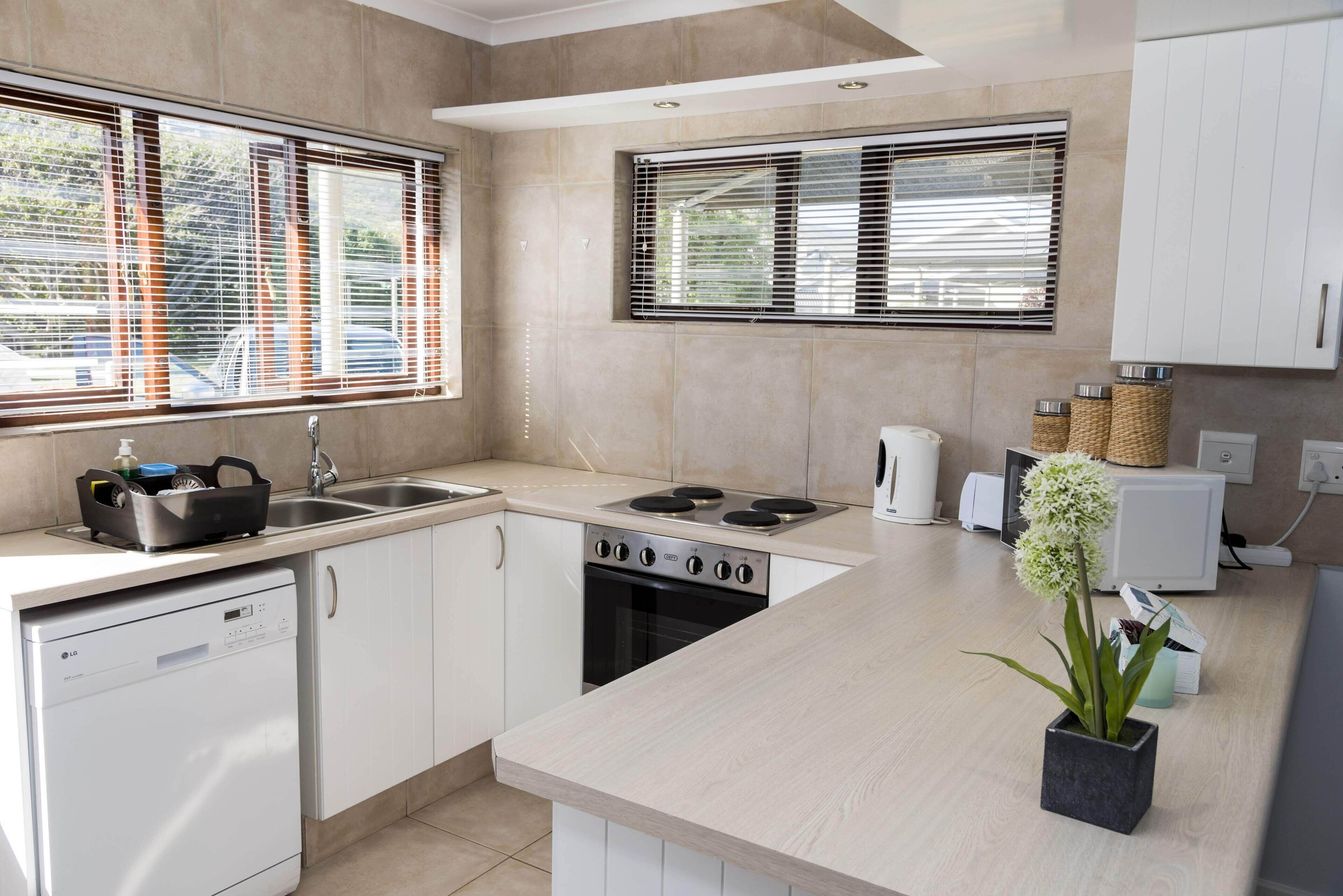 A modern kitchen with a dishwasher, stove, sink, and a potted plant.