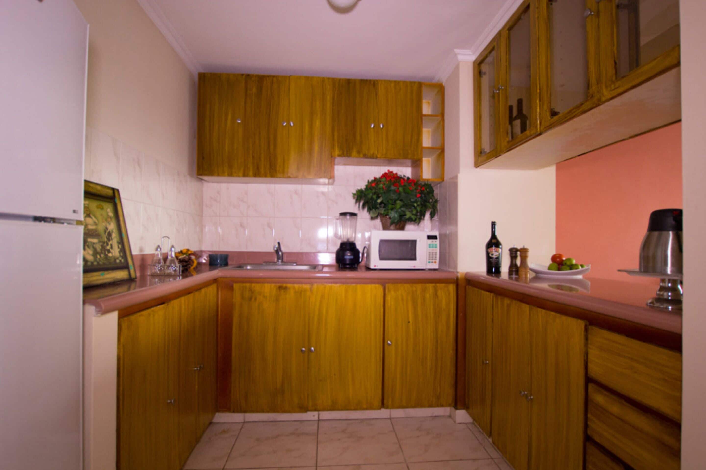 Una cocina con armarios de madera, microondas, lavabo y encimera con diversos objetos, incluyendo una planta y una botella.