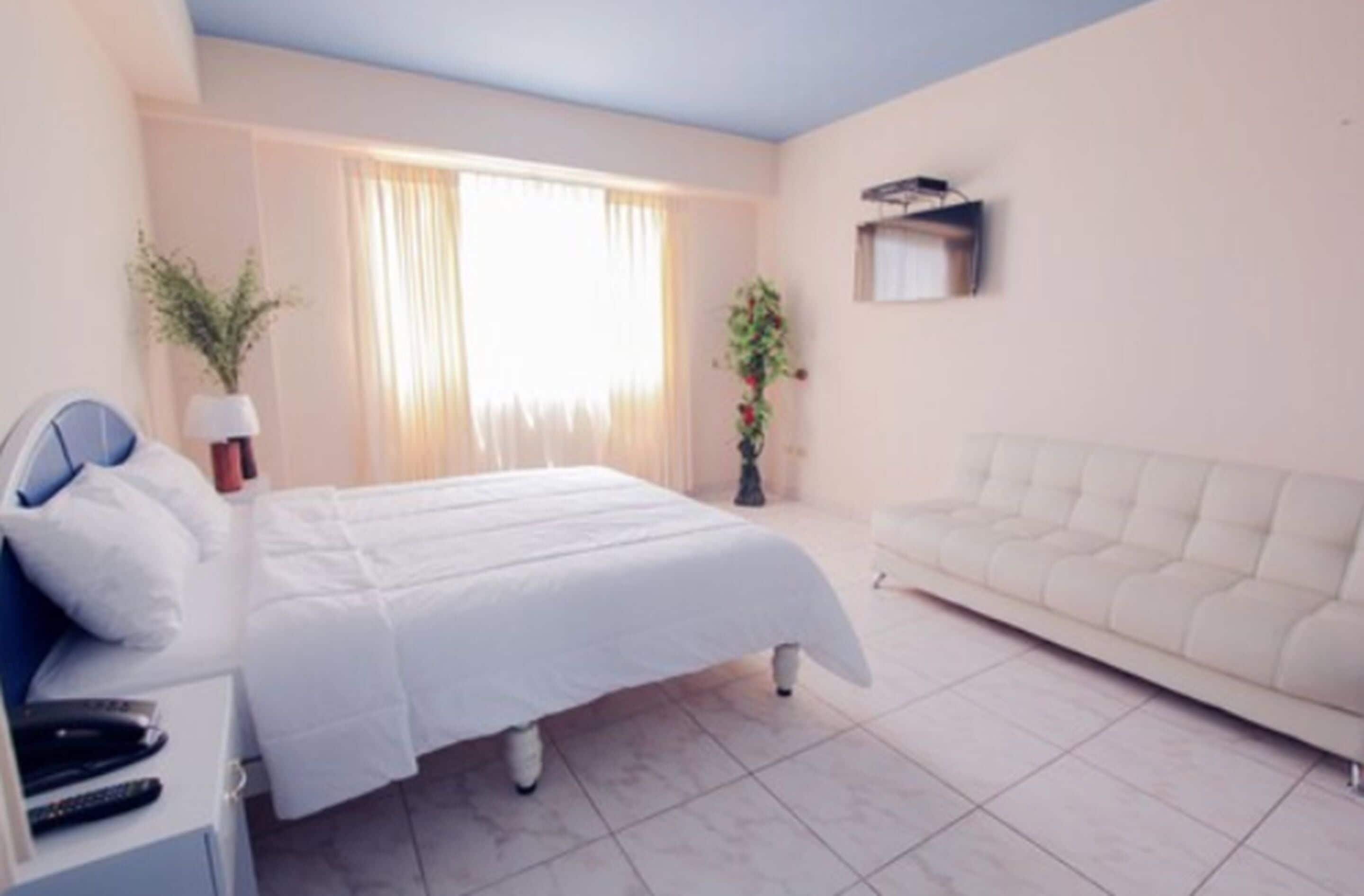 A hotel room with a bed, a sofa, a desk with a lamp, and two potted plants.