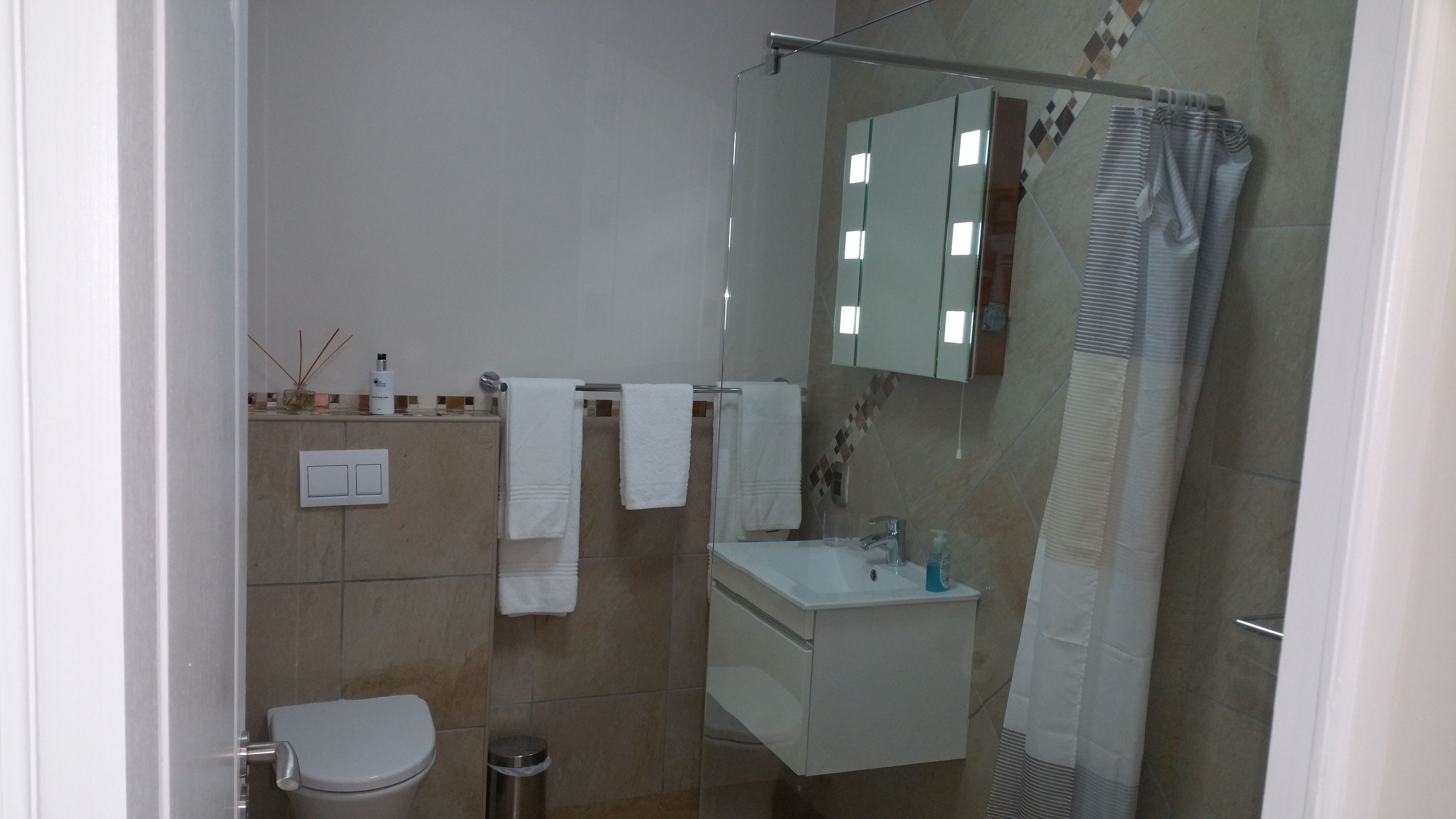 A modern bathroom with a toilet, sink, and shower area.