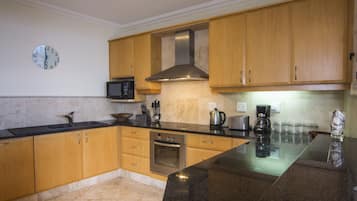 Full-sized fridge, microwave, oven, stovetop