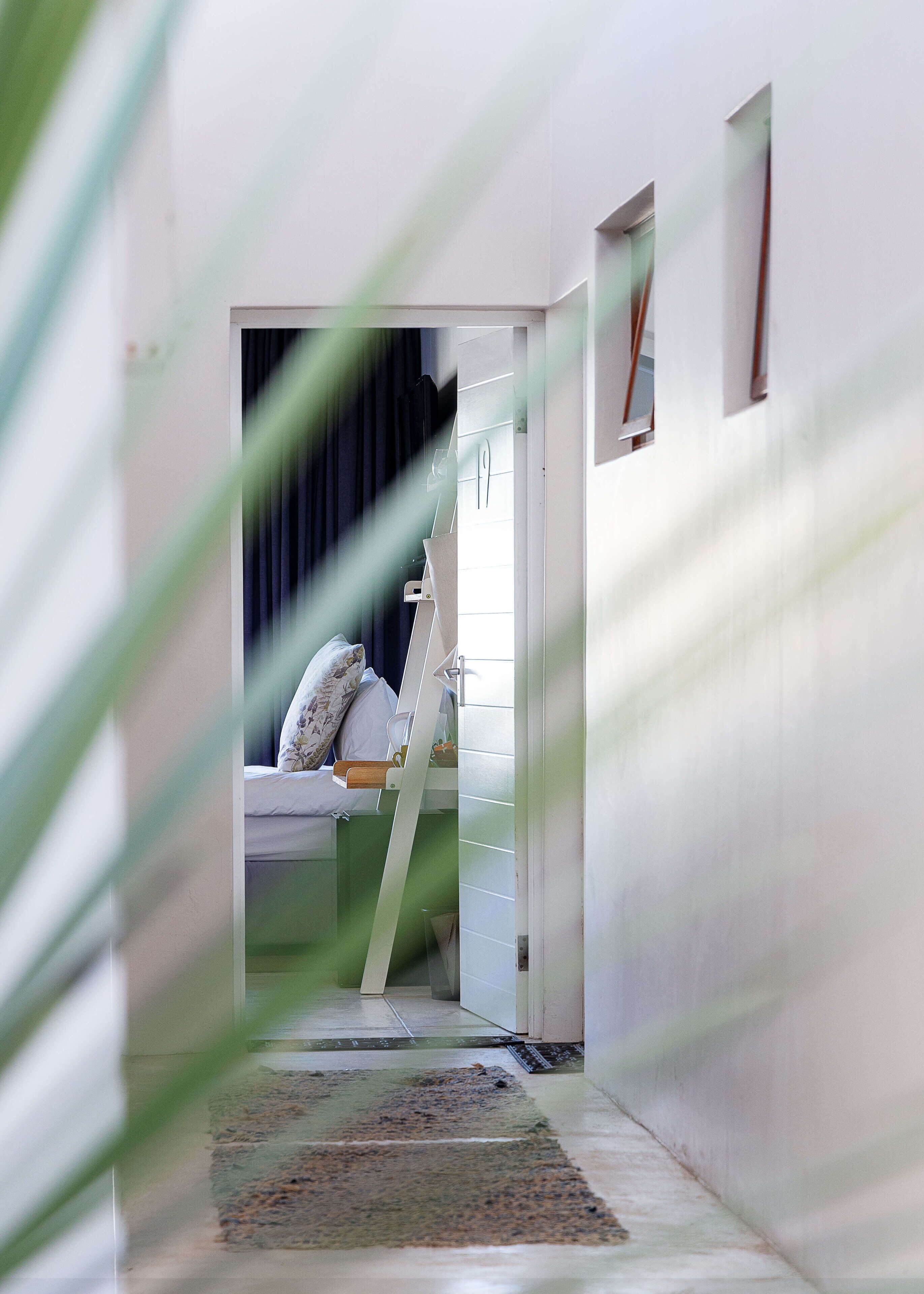 A narrow hallway with a bed and a ladder leaning against the wall.