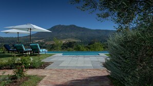 A pool area with two lounge chairs and a large umbrella, surrounded by a brick patio and lush greenery. - Dunstone Country House (Wellington)