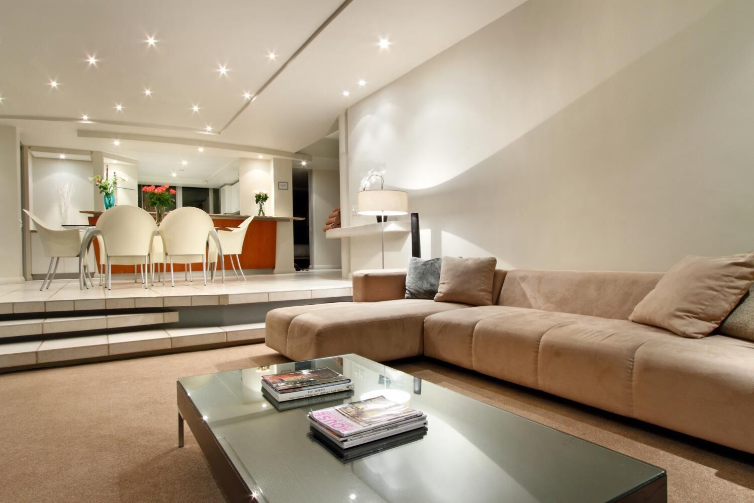 Flat-screen TV, fireplace