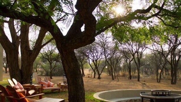 An outdoor seating area with Adirondack chairs and a circular fire pit. - Foreva Wild (Hammanskraal)