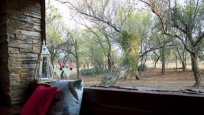 A stone wall, a window with a view of trees, and a white pillow on a bench. - Foreva Wild (Hammanskraal)