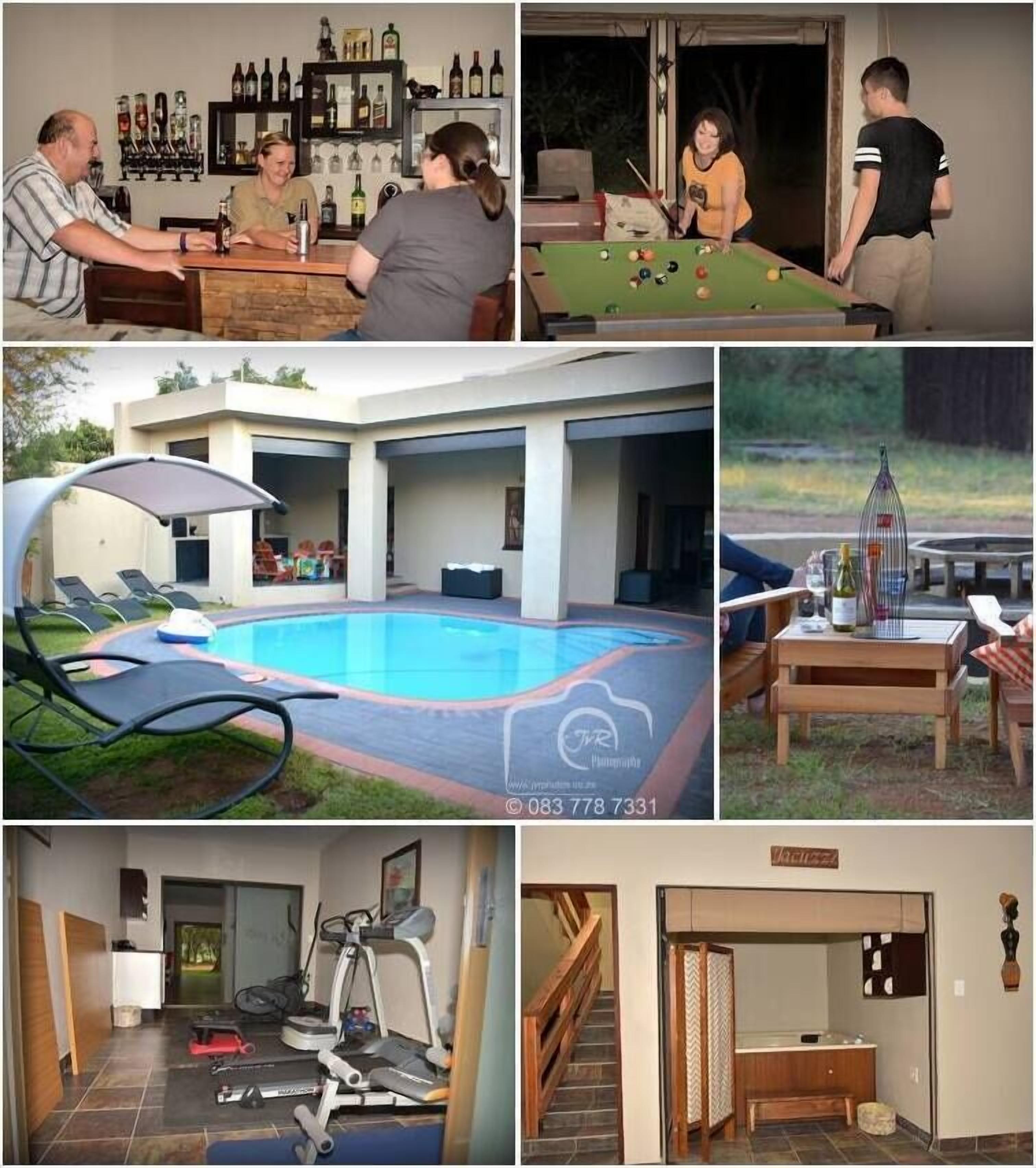 A bar area with bottles, a poolside area with lounge chairs, a pool, and a gym with exercise equipment.