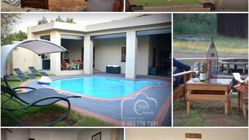 A bar area with bottles, a poolside area with lounge chairs, a pool, and a gym with exercise equipment.
