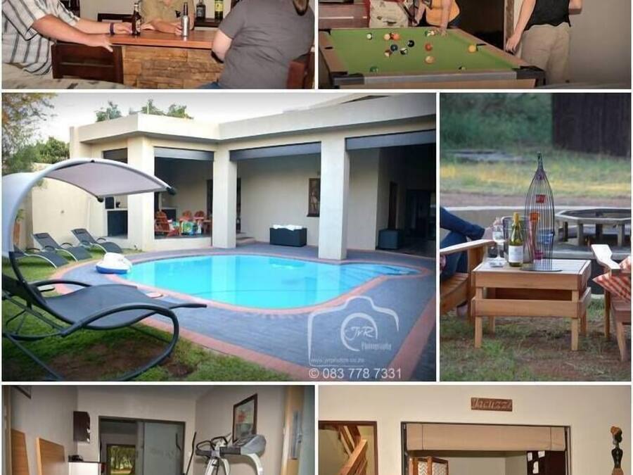 A bar area with bottles, a poolside area with lounge chairs, a pool, and a gym with exercise equipment.