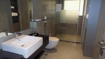 Shower, free toiletries, hair dryer, towels