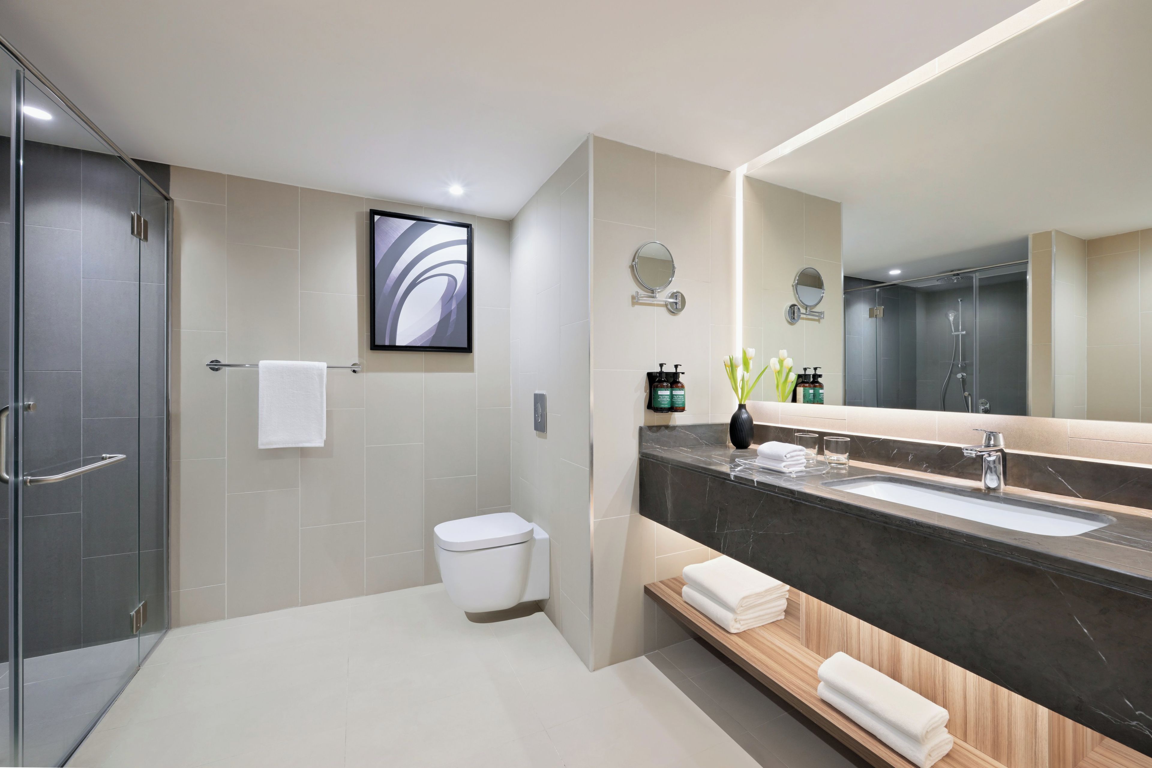 Un baño moderno con cabina de ducha de vidrio, inodoro, lavamanos con encimera de mármol y un espejo grande.