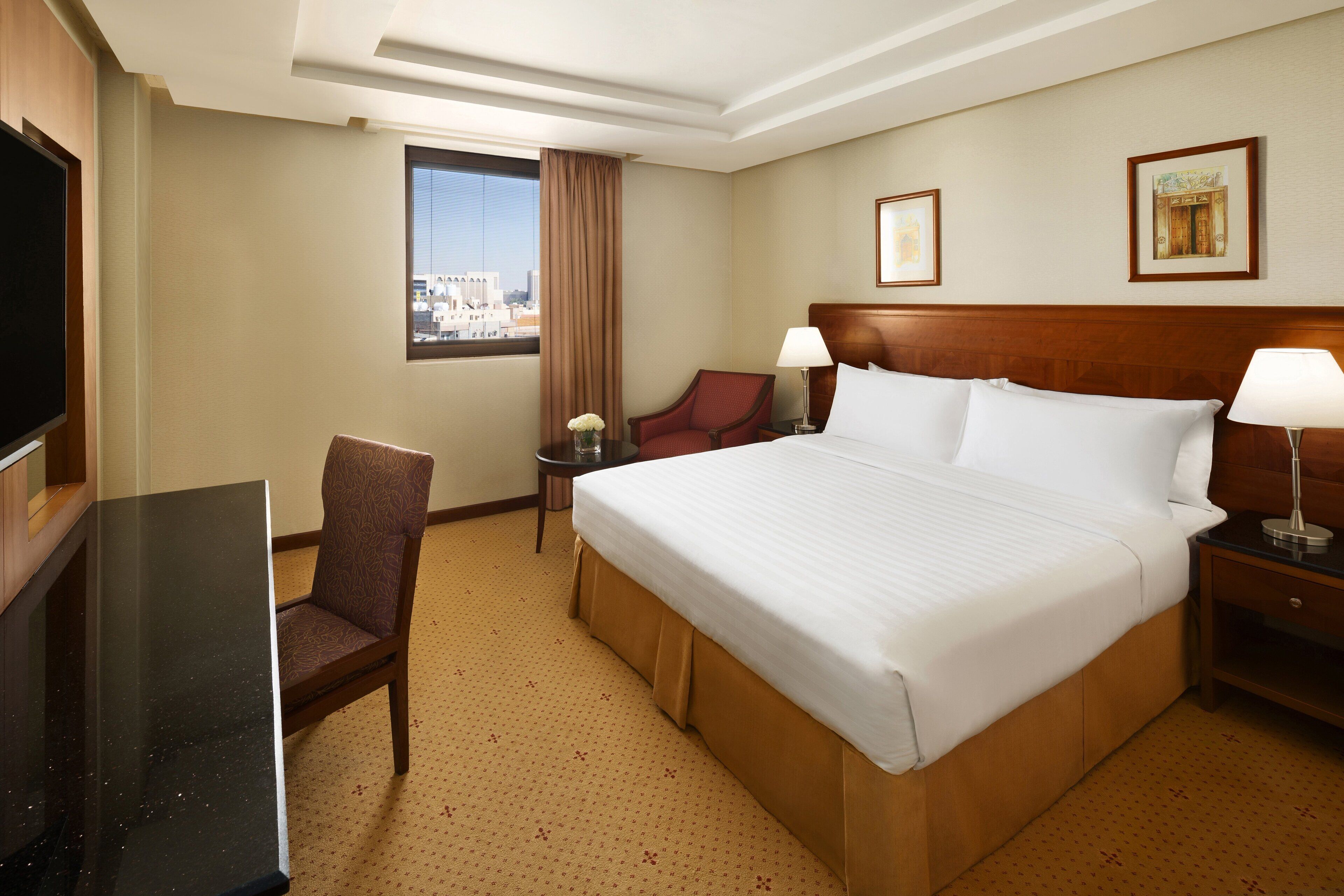 A hotel room with a large bed, a desk, a chair, a TV, and a window with a city view.