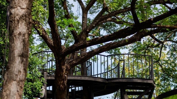 A treehouse with a spiral staircase, surrounded by lush greenery and potted plants. - Chayada Garden House and Resort Hotel (Nakhon Ratchasima)