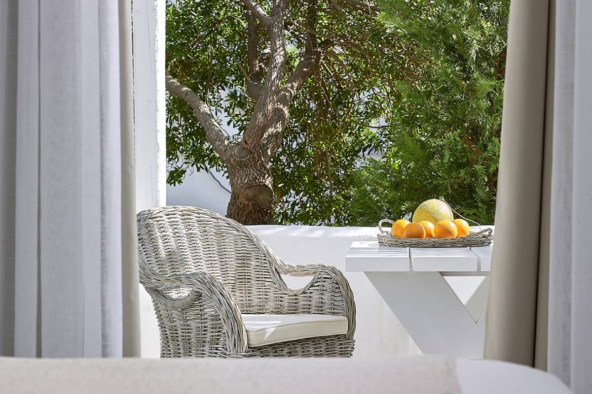 A wicker chair with a cushion, a table with a fruit basket, and a view of a tree and sky.